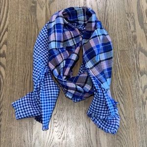 Scarf, blue gingham one side, plaid on other side